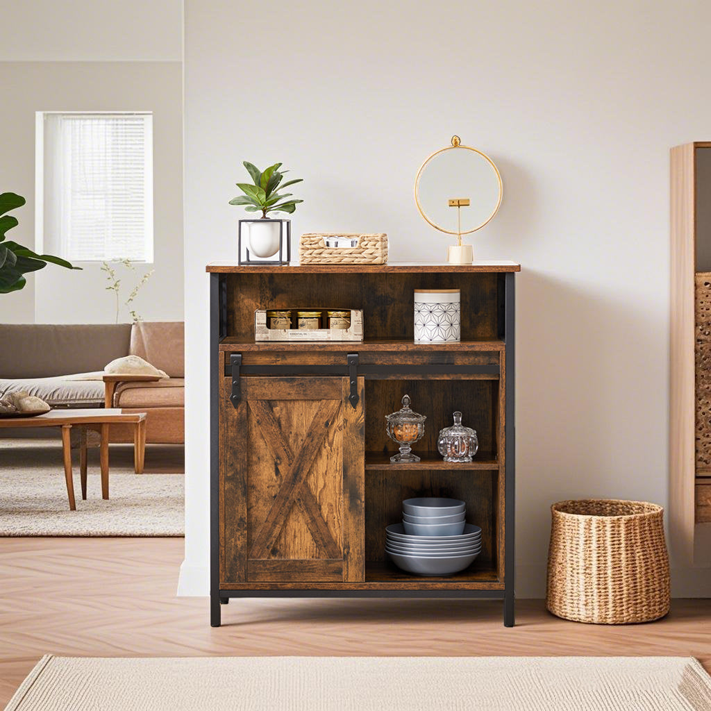 Industrial Buffet Cabinet - Sliding Barn Door Storage with Adjustable Shelves, Steel Frame, 27.6" Wide, Rustic Brown and Ink Black