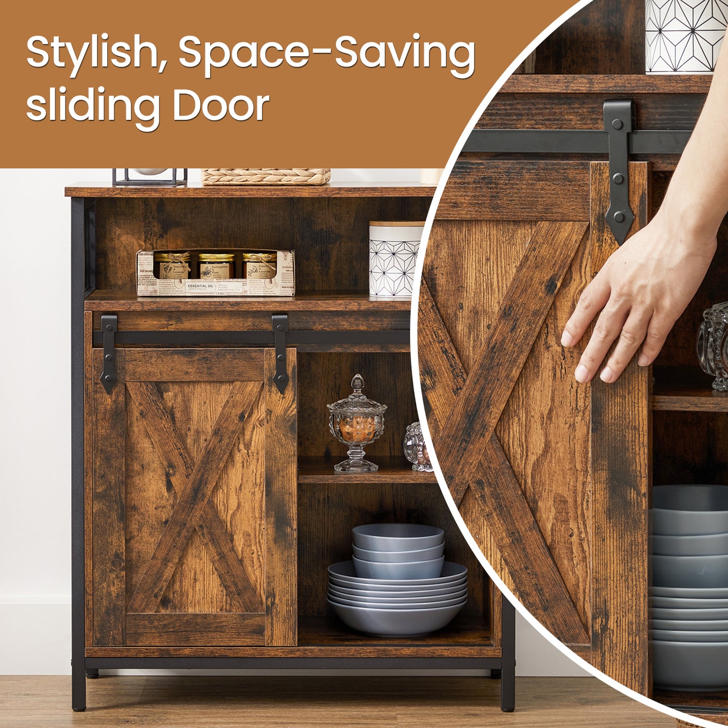 Industrial Buffet Cabinet - Sliding Barn Door Storage with Adjustable Shelves, Steel Frame, 27.6" Wide, Rustic Brown and Ink Black