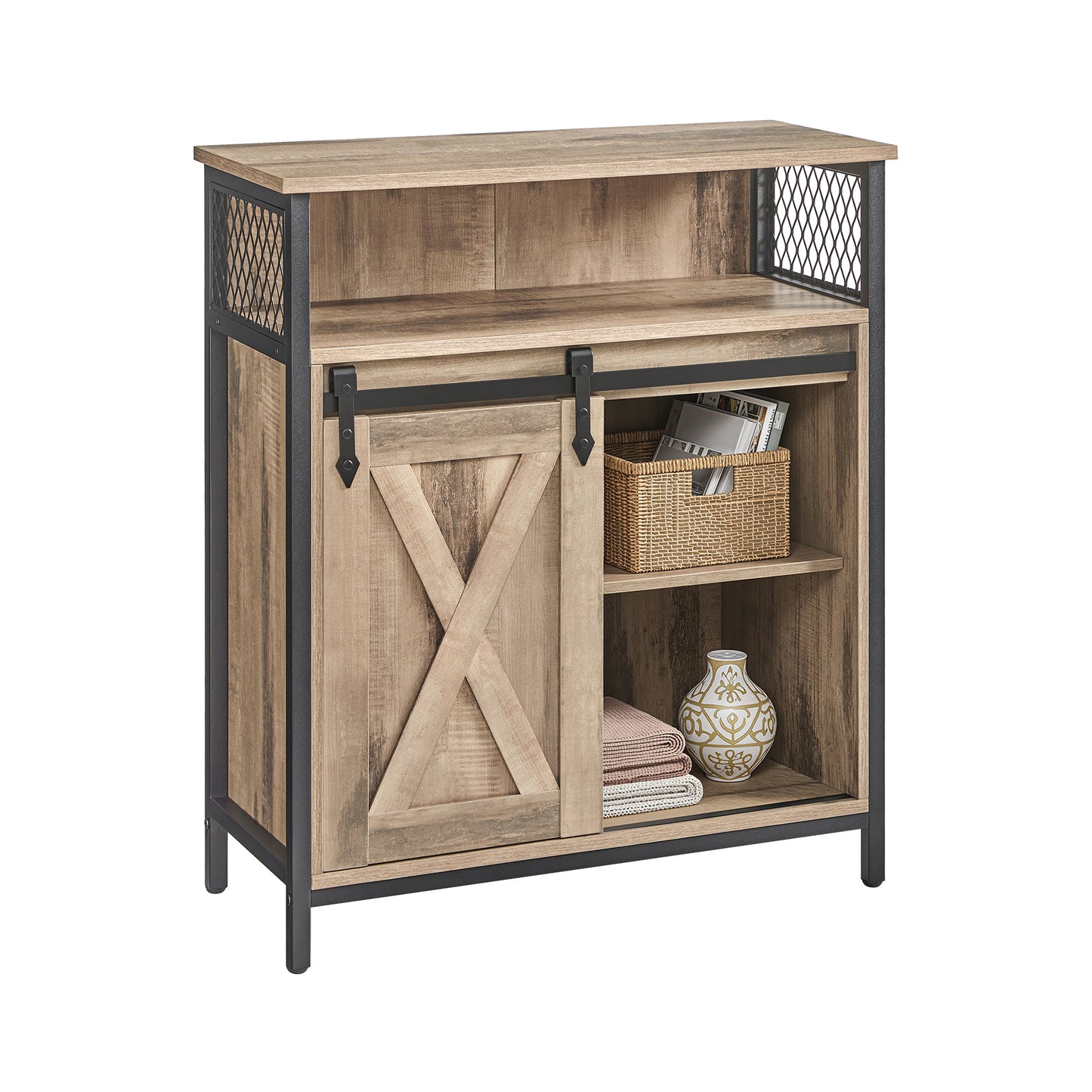 Buffet Cabinet with Sliding Barn Door, Adjustable Shelves, Coffee Bar Storage Sideboard, Industrial Living Room Cabinet, Camel Brown and Ink Black