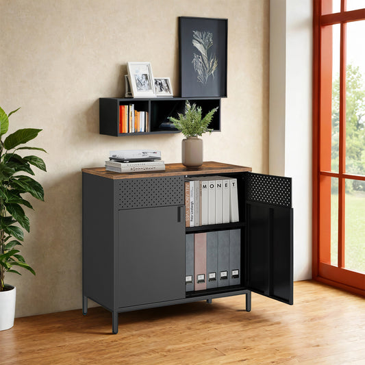 Industrial Storage Cabinet - 31.5" Sideboard with 2 Doors, Adjustable Shelf & Magnetic Closure, Steel Frame, Rustic Brown and Black