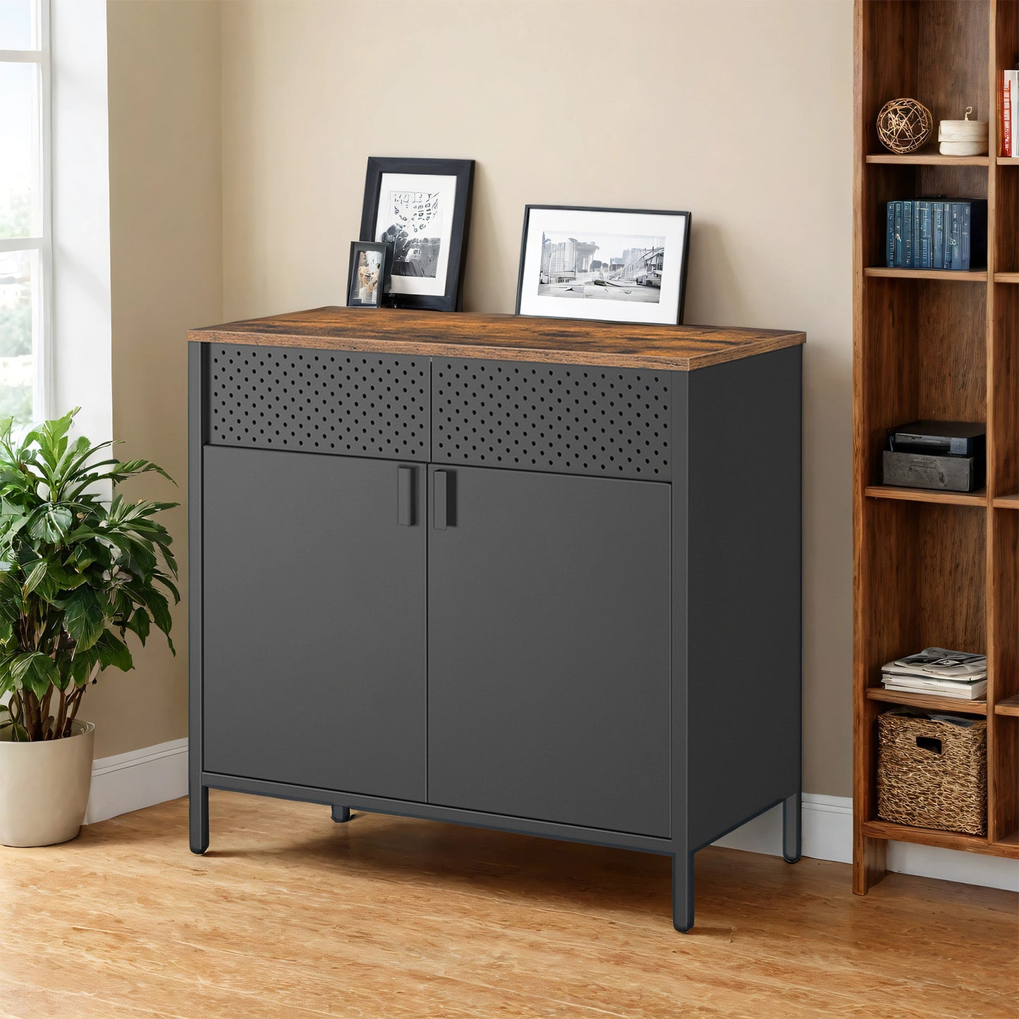 Industrial Storage Cabinet - 31.5" Sideboard with 2 Doors, Adjustable Shelf & Magnetic Closure, Steel Frame, Rustic Brown and Black