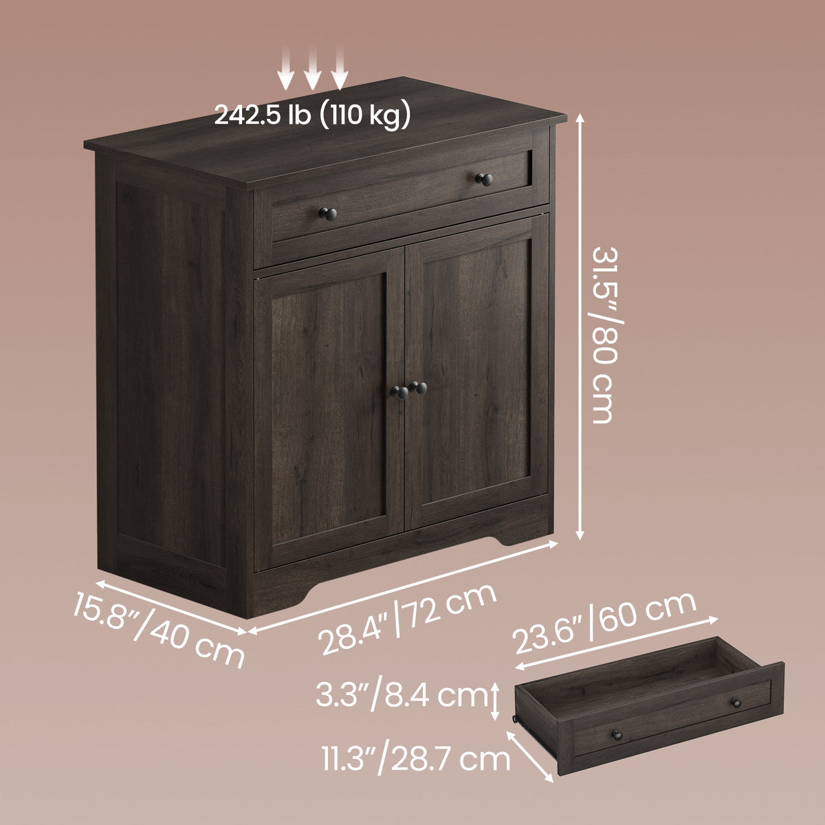 Farmhouse Buffet Cabinet, Coffee Bar Sideboard with Drawer & Adjustable Shelf, Double Doors, 28.4" Wide, Taupe Brown