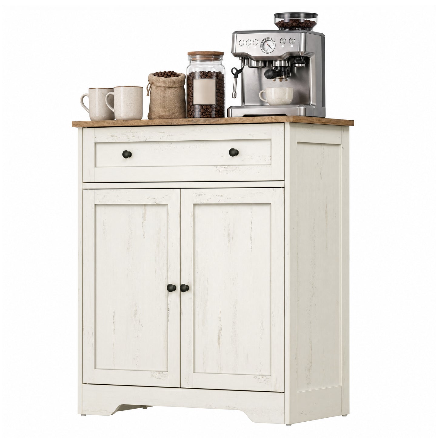 Farmhouse Buffet Cabinet, Coffee Bar Sideboard with Drawer & Adjustable Shelf, Double Doors, 28.4" Wide, Rustic White and Honey Brown