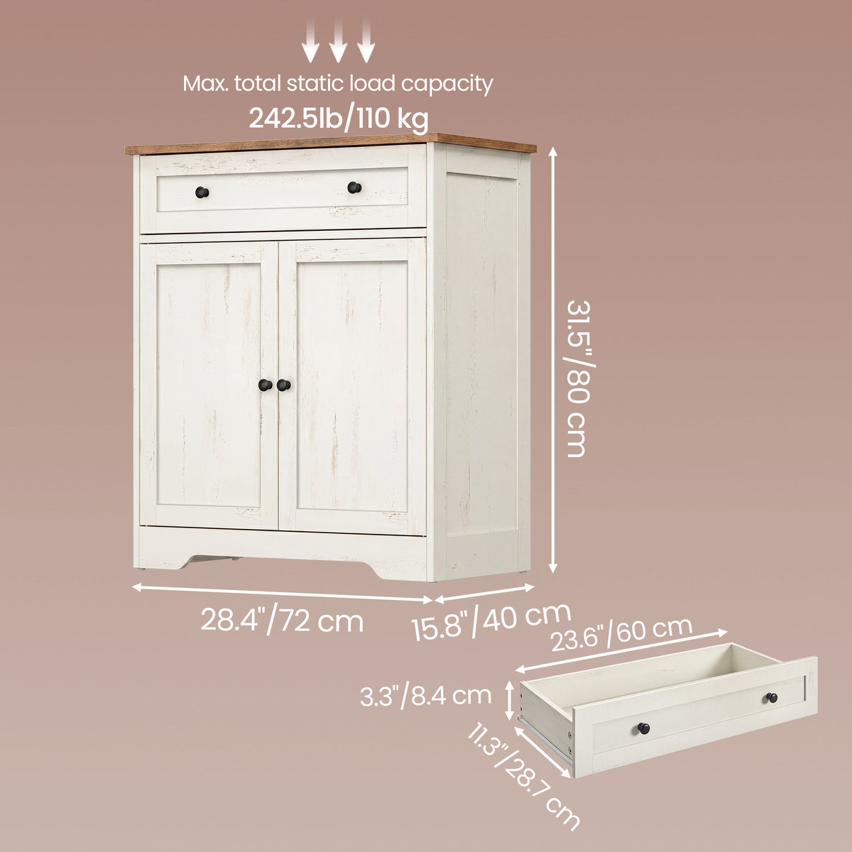 Farmhouse Buffet Cabinet, Coffee Bar Sideboard with Drawer & Adjustable Shelf, Double Doors, 28.4" Wide, Rustic White and Honey Brown