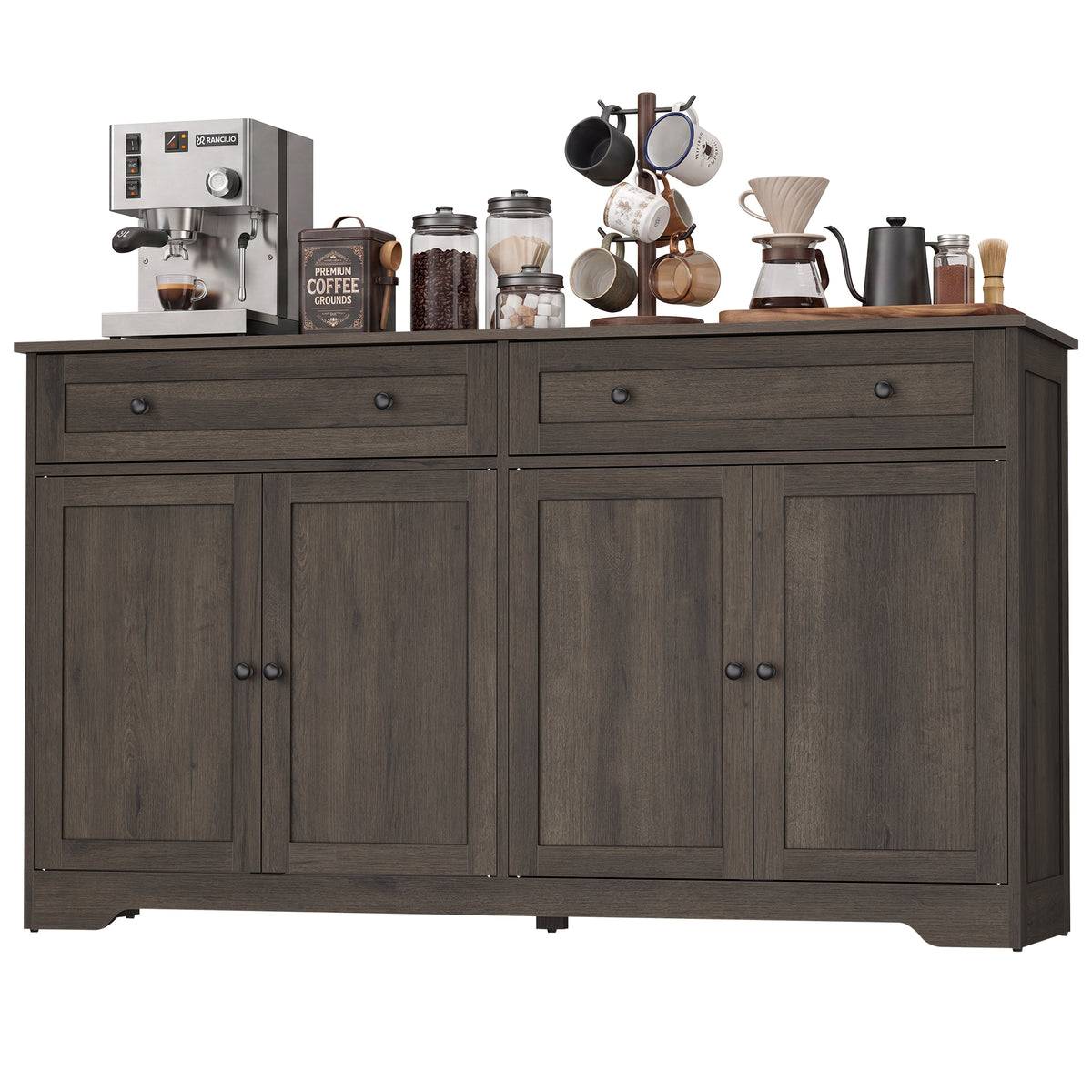 Farmhouse Buffet Cabinet, Coffee Bar Sideboard with 2 Drawers & Adjustable Shelves, 4 Doors, 55.1" Wide, Taupe Brown