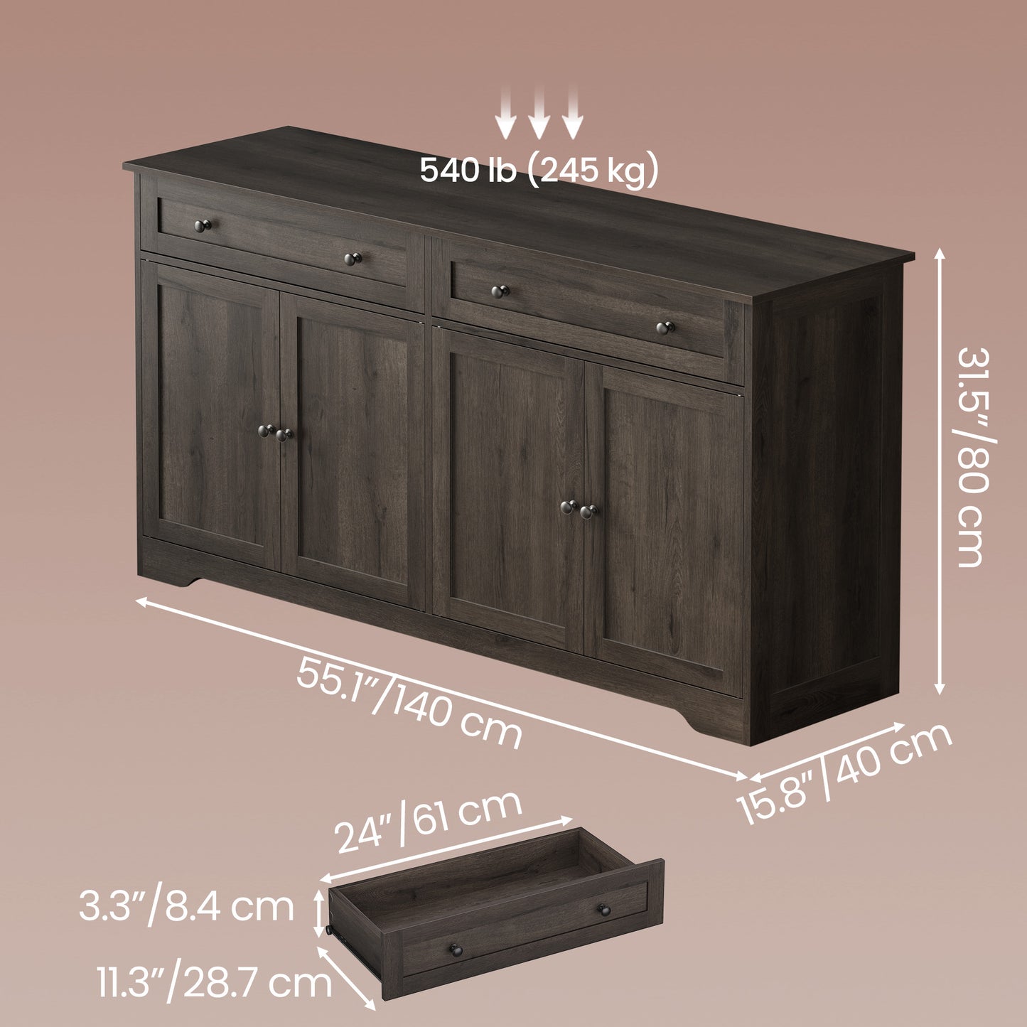 Farmhouse Buffet Cabinet, Coffee Bar Sideboard with 2 Drawers & Adjustable Shelves, 4 Doors, 55.1" Wide, Taupe Brown