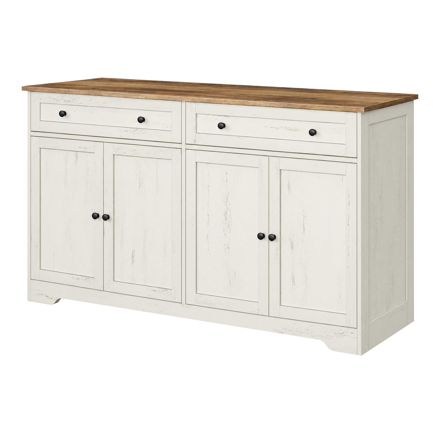 Farmhouse Buffet Cabinet, Coffee Bar Sideboard with 2 Drawers & Adjustable Shelves, 4 Doors, 55.1" Wide, Rustic White and Honey Brown