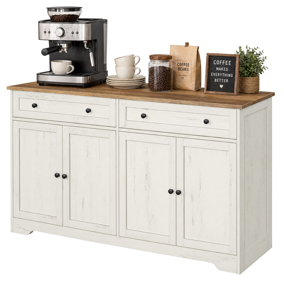 Farmhouse Buffet Cabinet, Coffee Bar Sideboard with 2 Drawers & Adjustable Shelves, 4 Doors, 55.1" Wide, Rustic White and Honey Brown