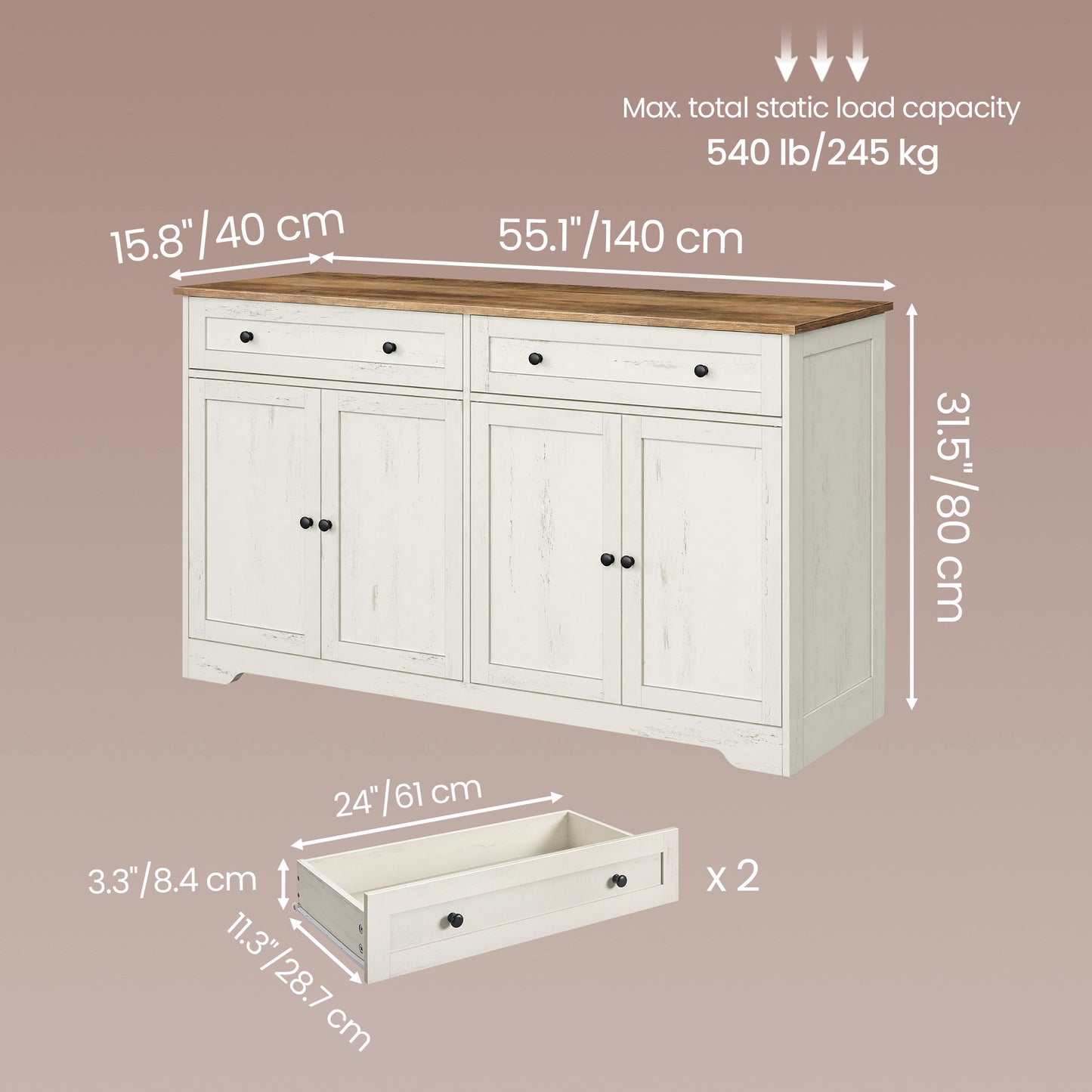 Farmhouse Buffet Cabinet, Coffee Bar Sideboard with 2 Drawers & Adjustable Shelves, 4 Doors, 55.1" Wide, Rustic White and Honey Brown