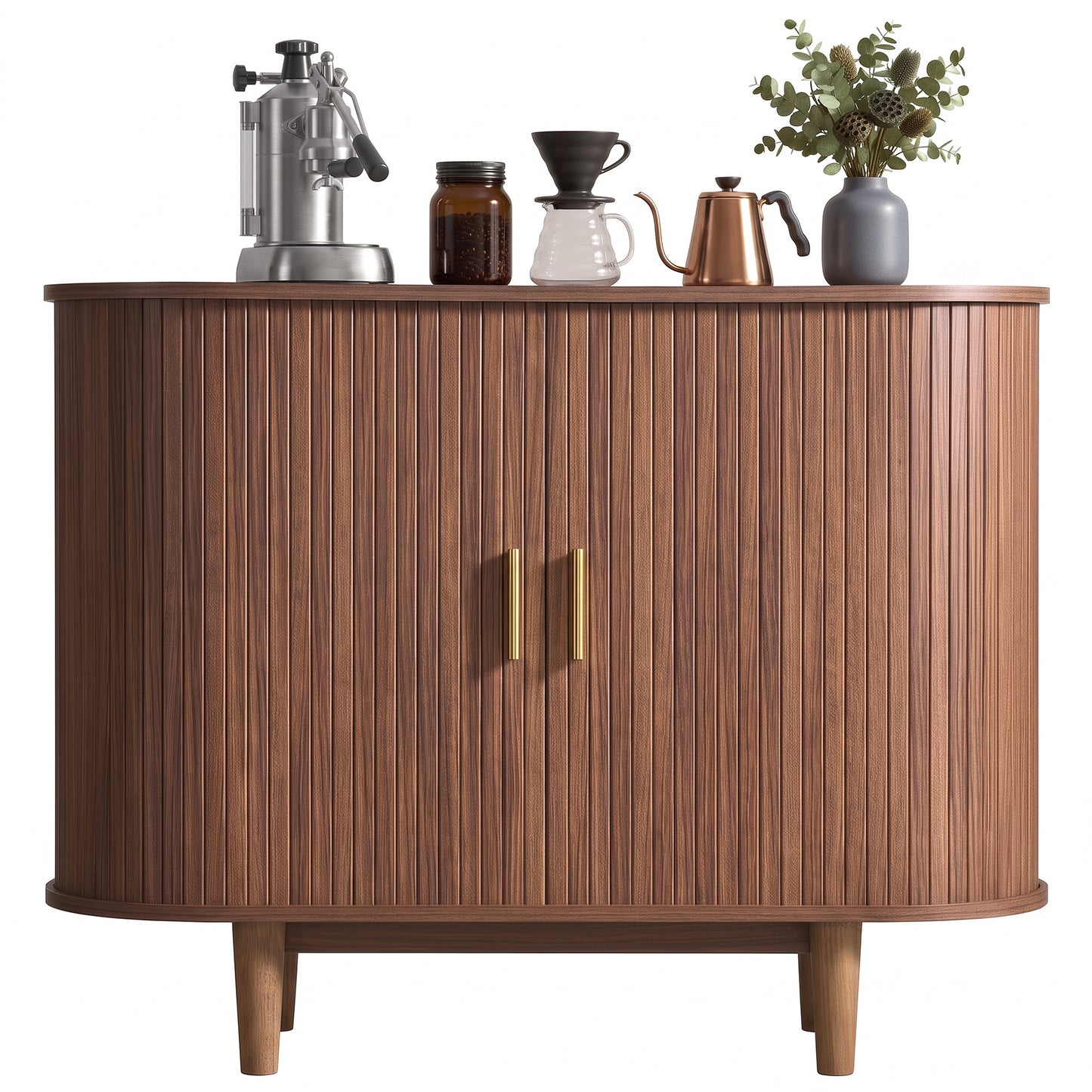 Curved Mid-Century Modern Sideboard Storage Cabinet with Sliding Doors, 39.4 x 15.7 x 29.5 inches, Walnut