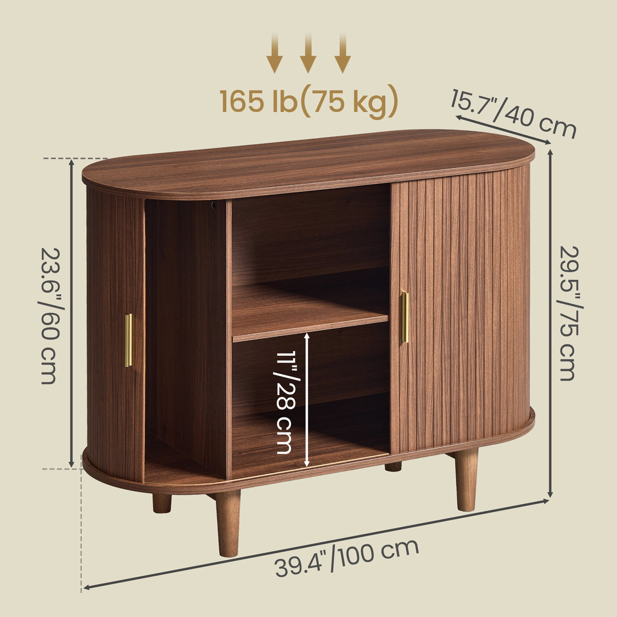 Curved Mid-Century Modern Sideboard Storage Cabinet with Sliding Doors, 39.4 x 15.7 x 29.5 inches, Walnut
