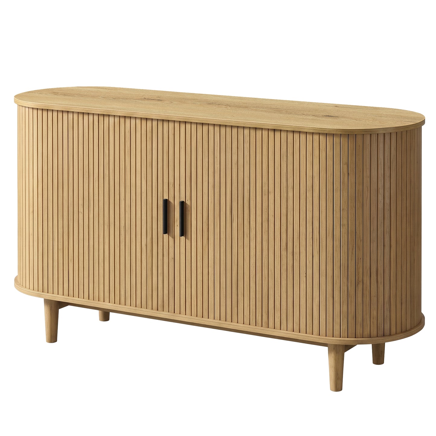 Curved Mid-Century Modern Sideboard Storage Cabinet with Sliding Doors, 55.1 x 15.7 x 29.5 inches, Yellowish Brown