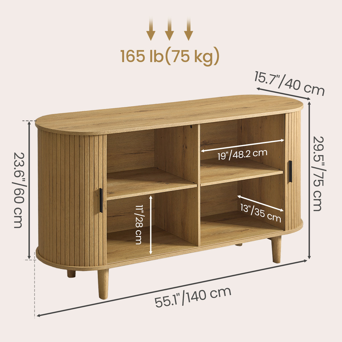 Curved Mid-Century Modern Sideboard Storage Cabinet with Sliding Doors, 55.1 x 15.7 x 29.5 inches, Yellowish Brown