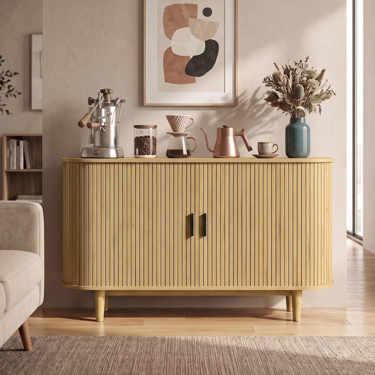 Curved Mid-Century Modern Sideboard Storage Cabinet with Sliding Doors, 55.1 x 15.7 x 29.5 inches, Yellowish Brown