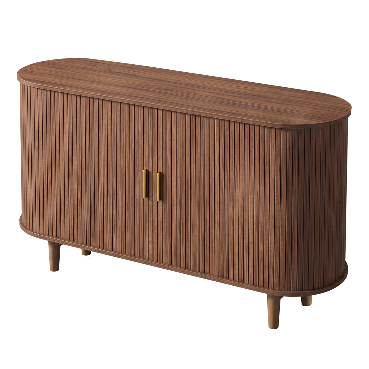Curved Mid-Century Modern Sideboard Storage Cabinet with Sliding Doors, 55.1 x 15.7 x 29.5 inches, Chestnut Walnut