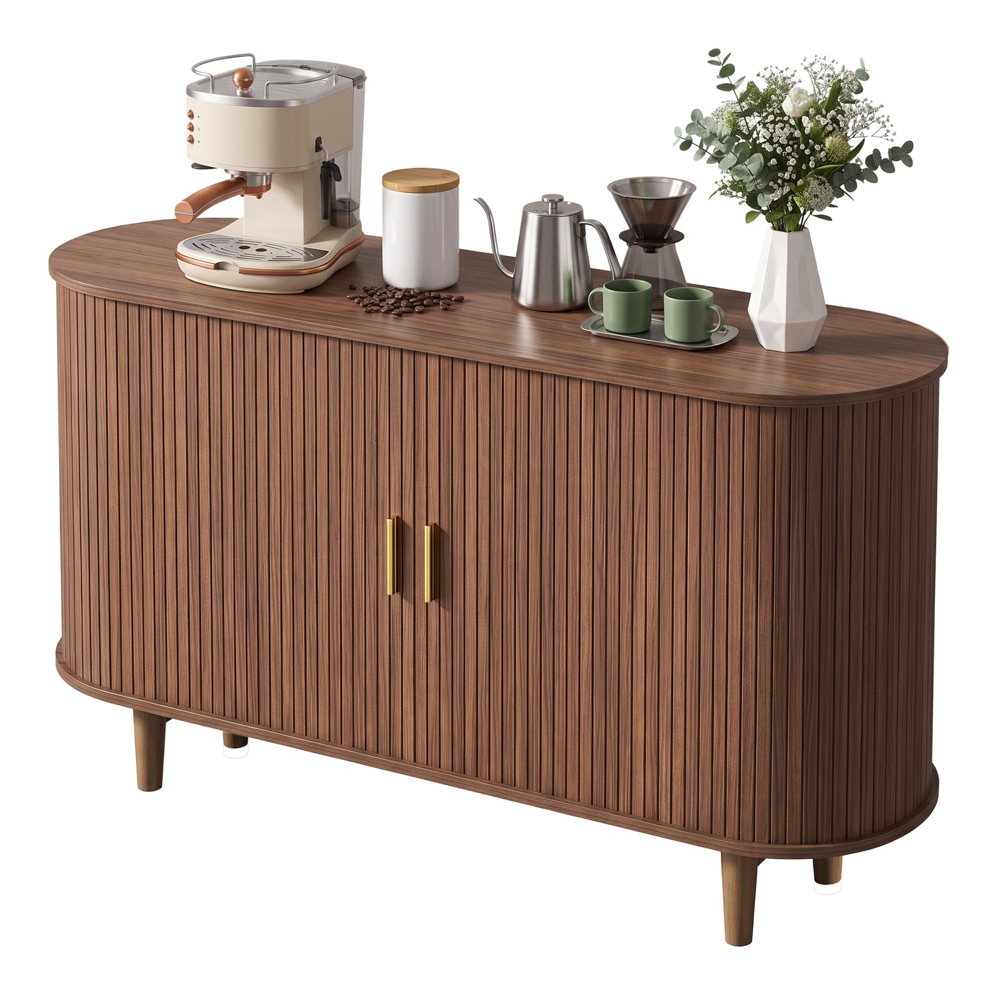 Curved Mid-Century Modern Sideboard Storage Cabinet with Sliding Doors, 55.1 x 15.7 x 29.5 inches, Chestnut Walnut