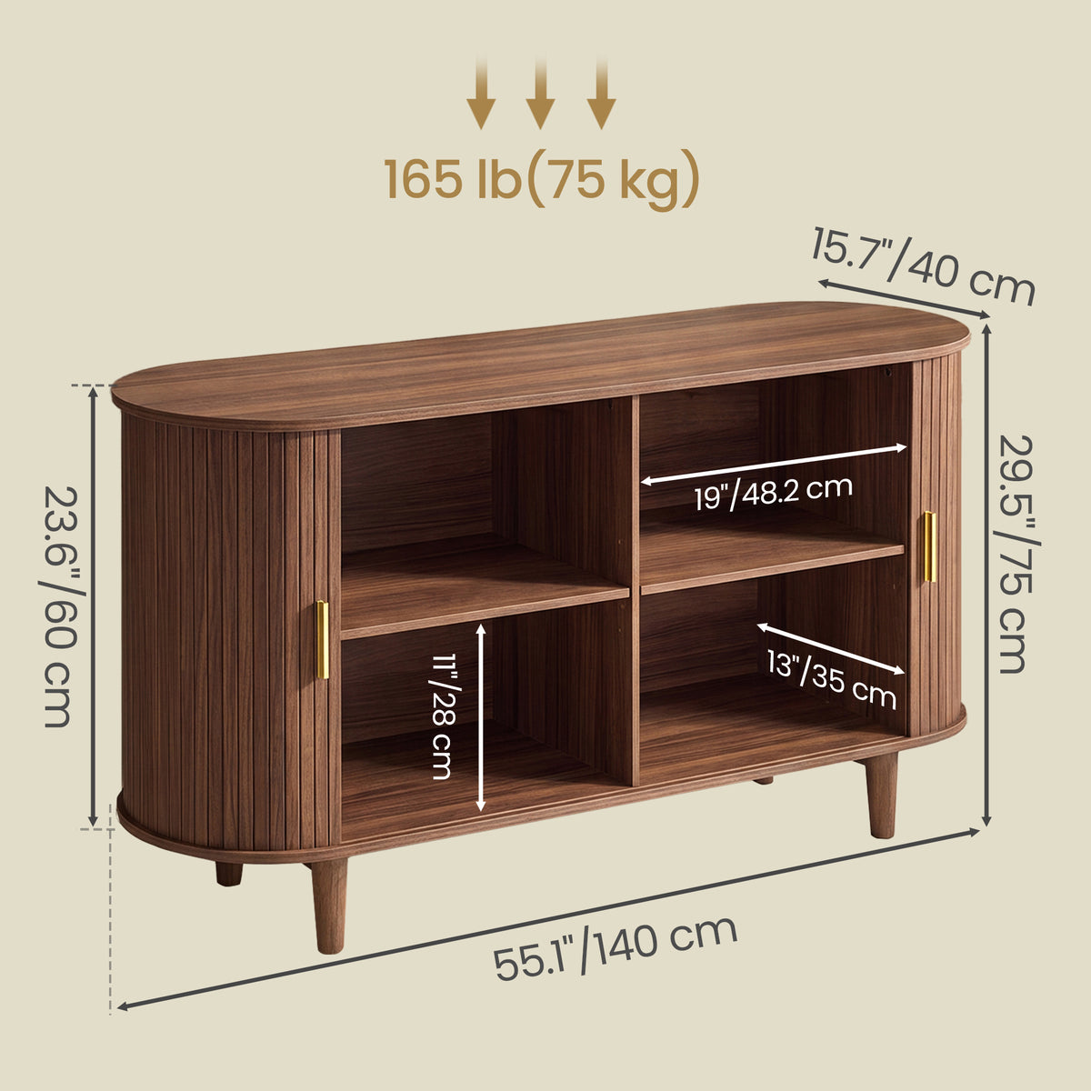 Curved Mid-Century Modern Sideboard Storage Cabinet with Sliding Doors, 55.1 x 15.7 x 29.5 inches, Chestnut Walnut