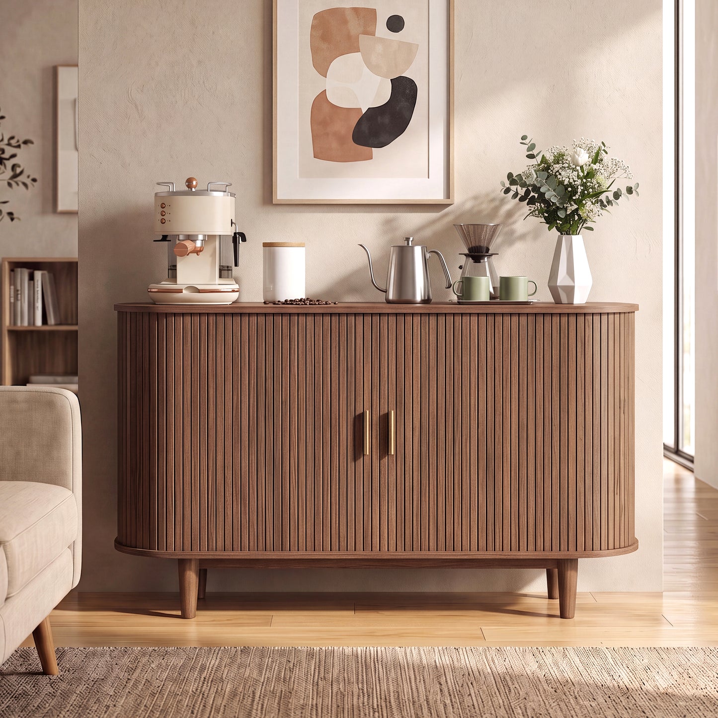 Curved Mid-Century Modern Sideboard Storage Cabinet with Sliding Doors, 55.1 x 15.7 x 29.5 inches, Chestnut Walnut