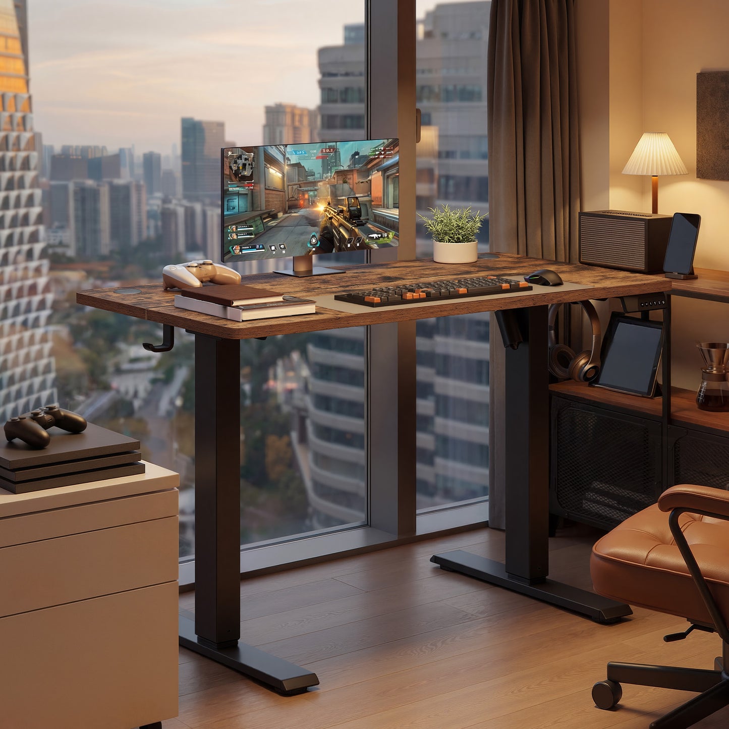 Height Adjustable Desk, Electric Standing Desk, 4 Memory Heights, Sedentary Reminder, 55.1 x 27.6 Inches, Rustic Brown