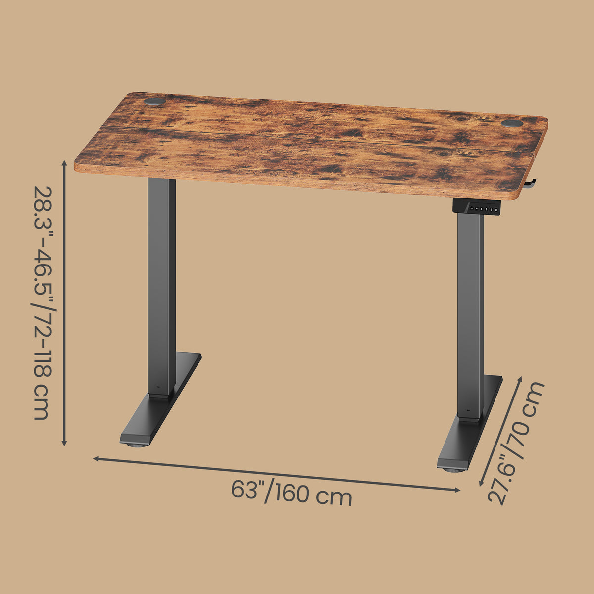 Height Adjustable Desk, Electric Standing Desk, 4 Memory Heights, Sedentary Reminder, 63 x 27.6 Inches, Rustic Brown