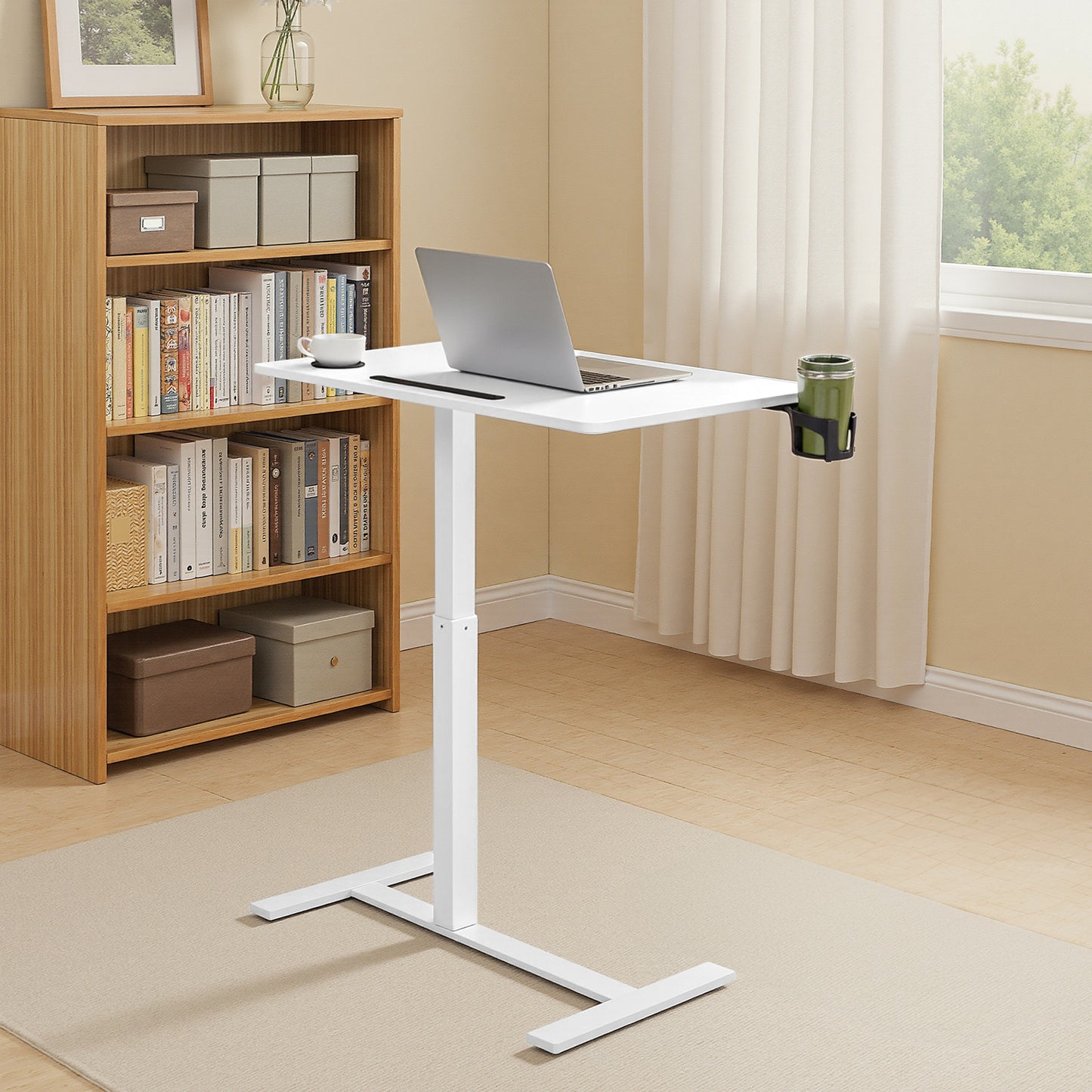 LEDREM Overbed Table with Wheels, Mobile Adjustable Standing Desk with 27.6 x 15.7 Inches Tabletop, Cup Holders and Device Slot, Cloud White