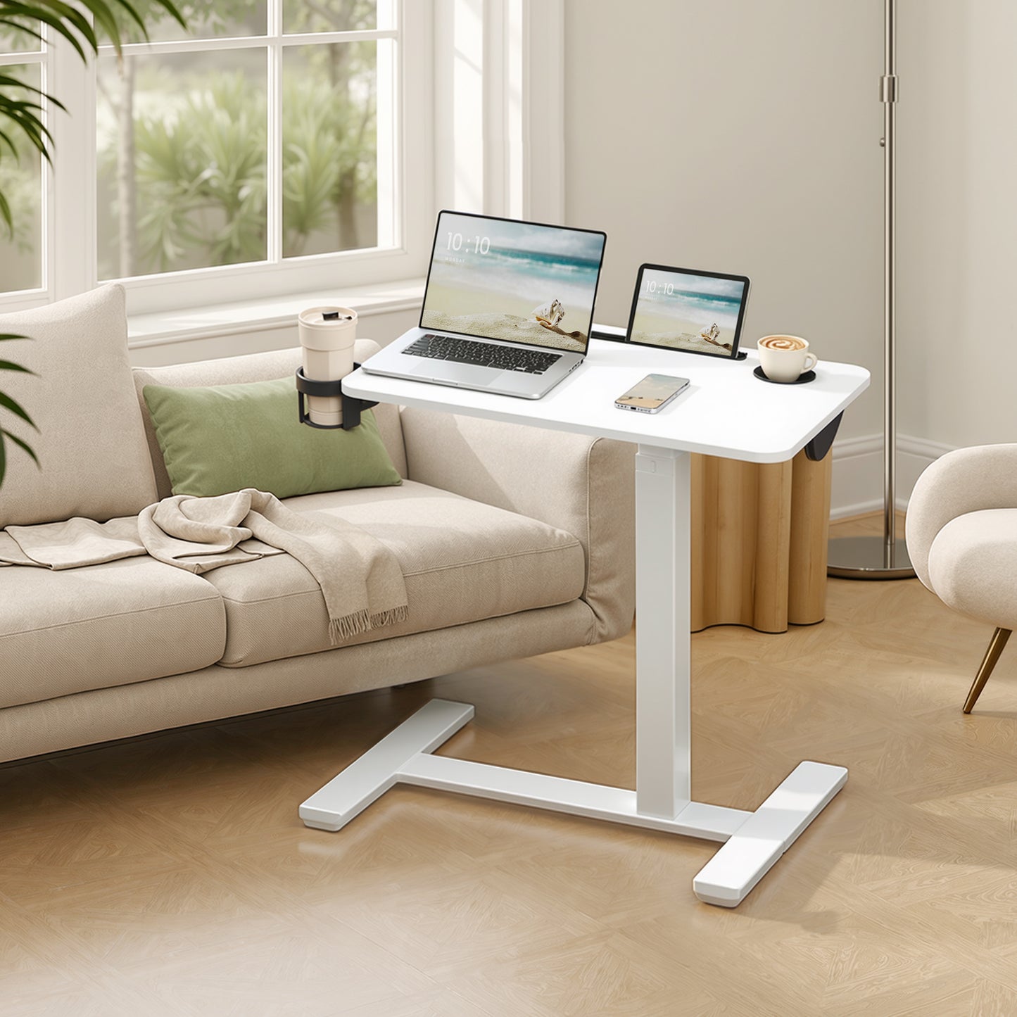 LEDREM Overbed Table with Wheels, Mobile Adjustable Standing Desk with 31.5 x 17.7 Inches Tabletop, Cup Holders and Device Slot, Cloud White