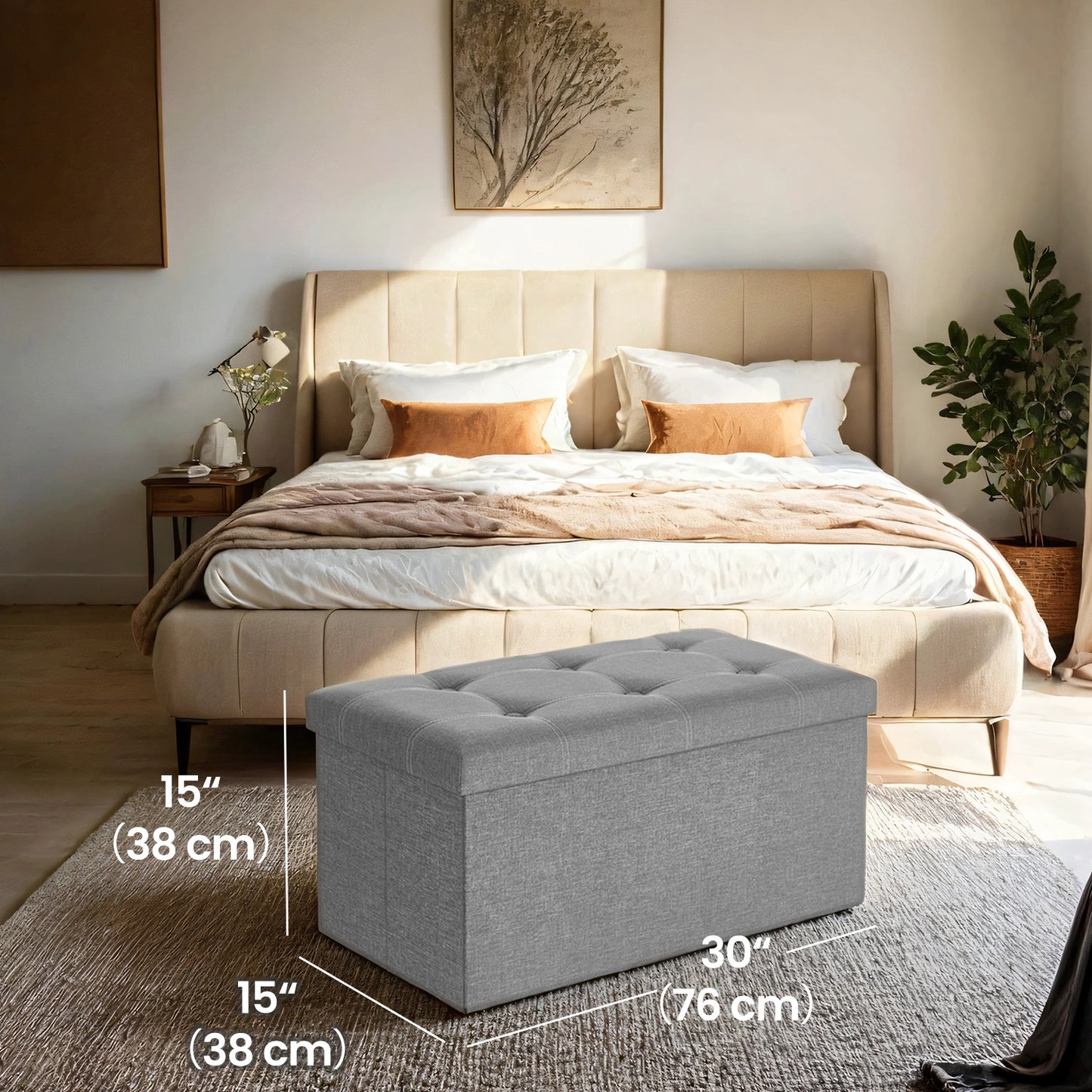 Storage Ottoman - 30" Multi-Functional Bench, 660lb Capacity, 21 Gal Storage, No-Tool Assembly, Linen-Look Fabric, Light Gray
