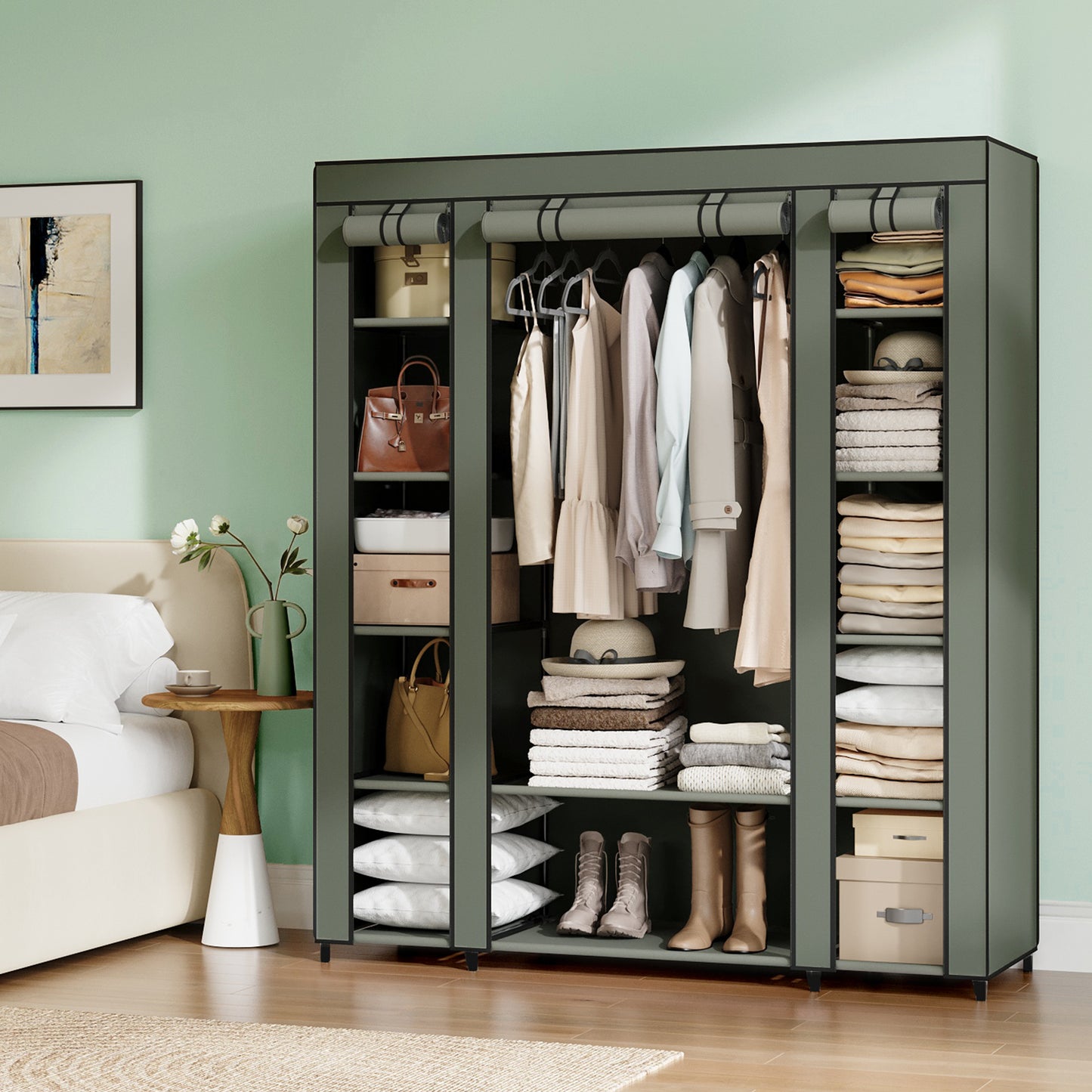 59-Inch Portable Closet, 12-Compartment Wardrobe with Zippered Cover & Hanging Rail, No-Tool Assembly Storage Organizer,Black