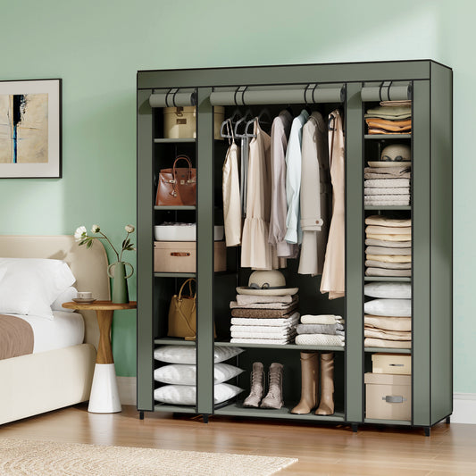 59-Inch Portable Closet, 12-Compartment Wardrobe with Zippered Cover & Hanging Rail, No-Tool Assembly Storage Organizer,Black