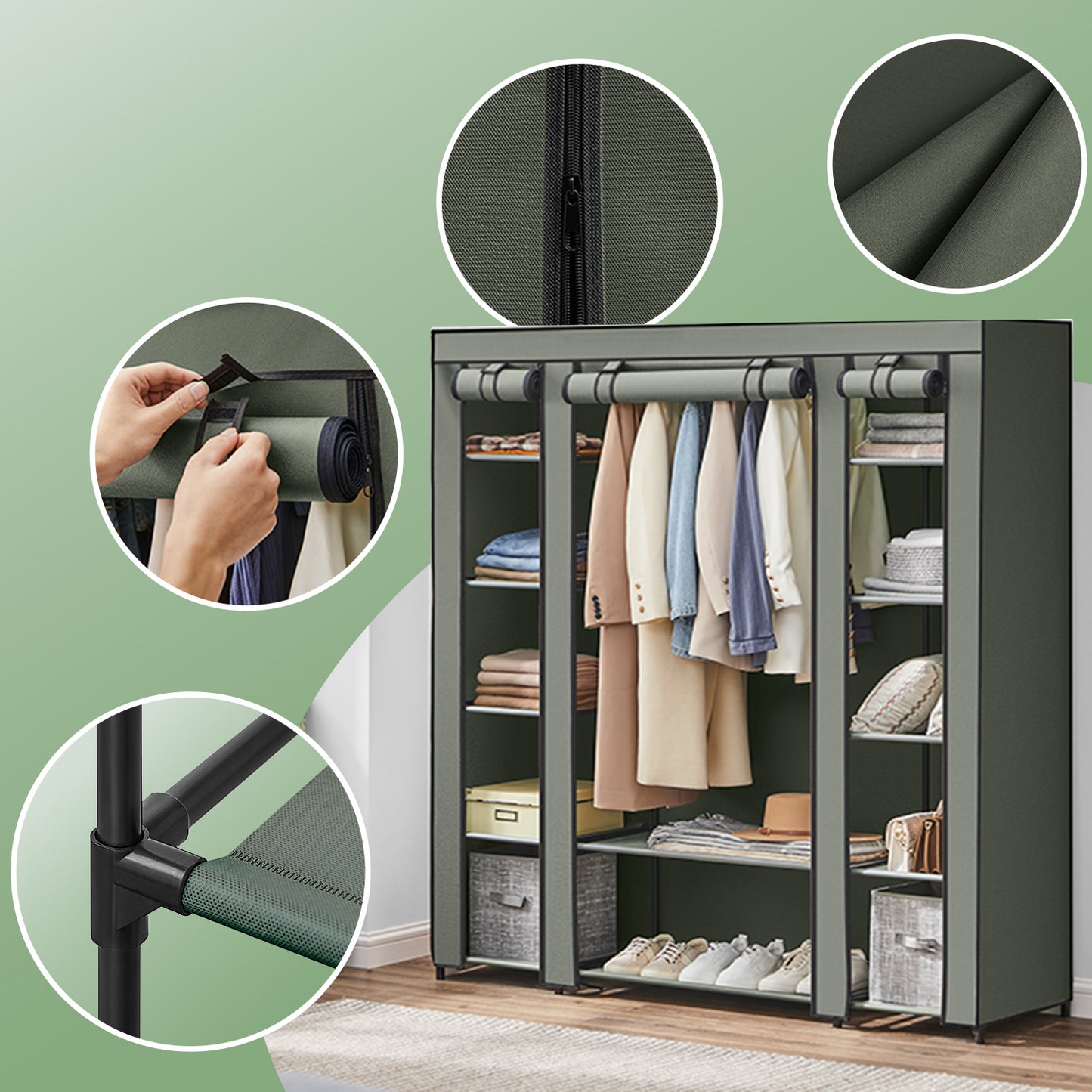 59-Inch Portable Closet, 12-Compartment Wardrobe with Zippered Cover & Hanging Rail, No-Tool Assembly Storage Organizer,Black