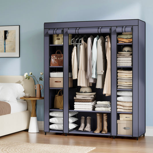 59-Inch Portable Closet, 12-Compartment Wardrobe with Zippered Cover & Hanging Rail, No-Tool Assembly Storage Organizer,Dark Blue