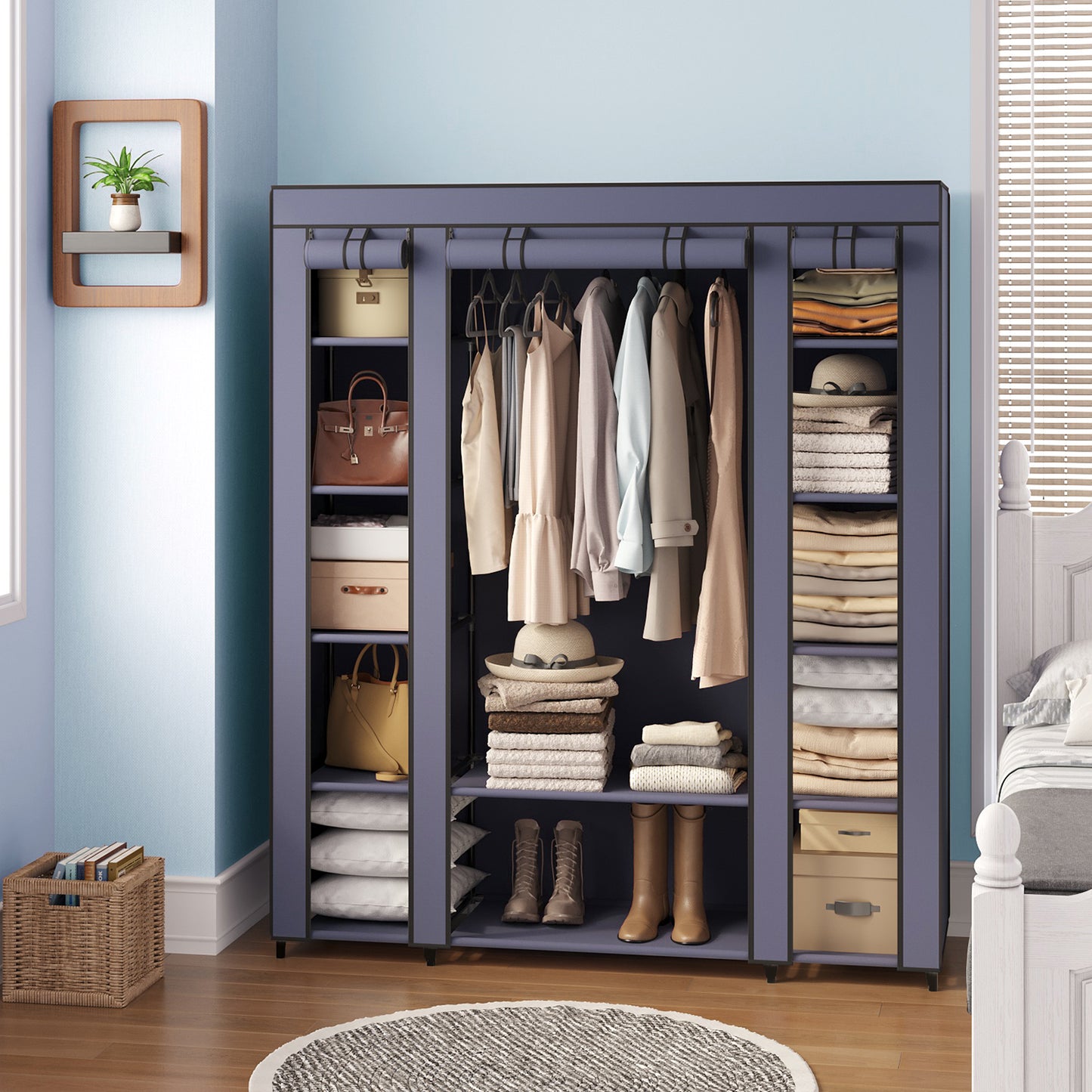 59-Inch Portable Closet, 12-Compartment Wardrobe with Zippered Cover & Hanging Rail, No-Tool Assembly Storage Organizer,Dark Blue