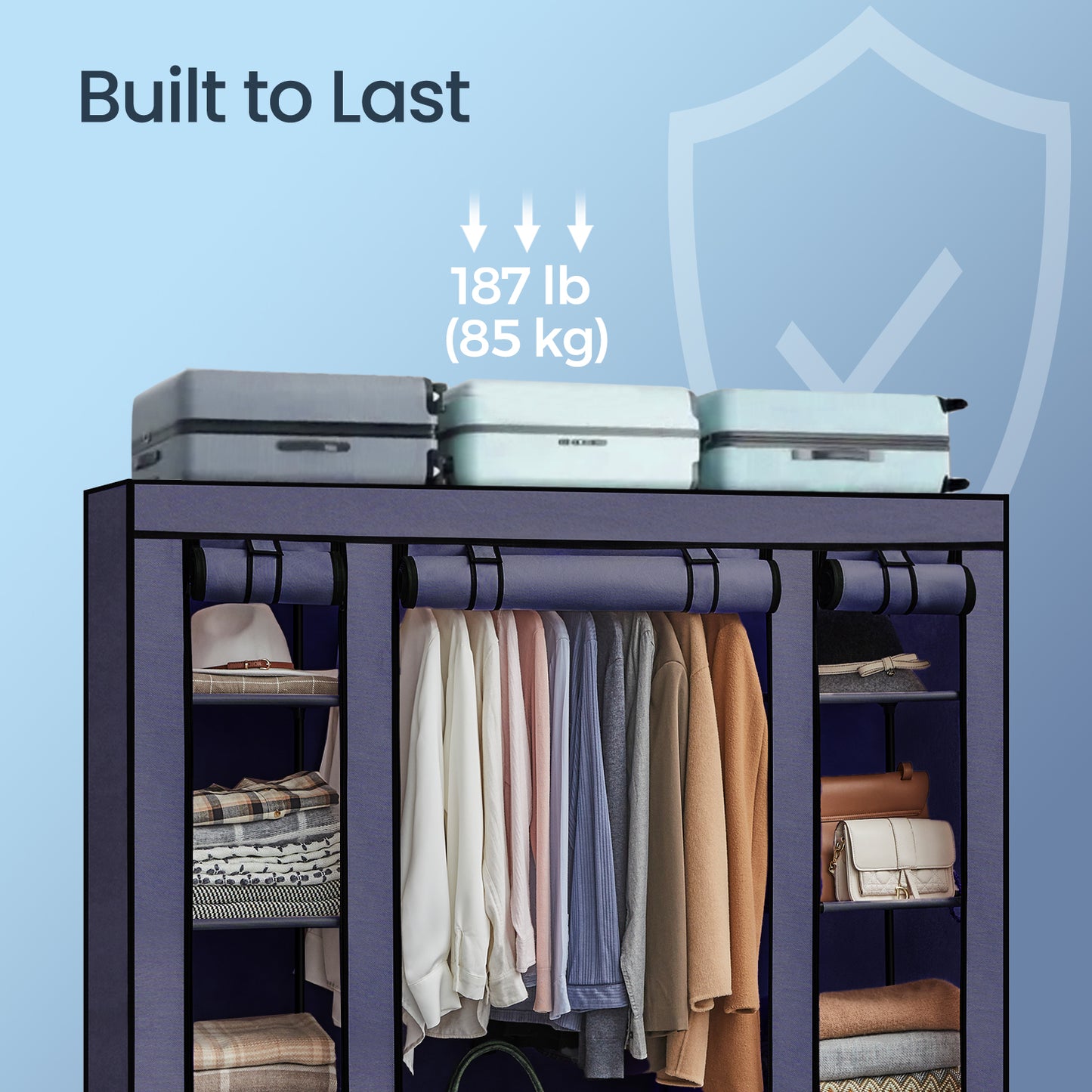 59-Inch Portable Closet, 12-Compartment Wardrobe with Zippered Cover & Hanging Rail, No-Tool Assembly Storage Organizer,Dark Blue