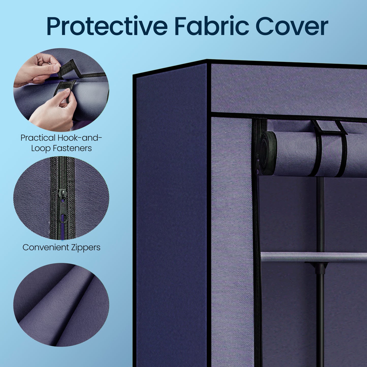 59-Inch Portable Closet, 12-Compartment Wardrobe with Zippered Cover & Hanging Rail, No-Tool Assembly Storage Organizer,Dark Blue