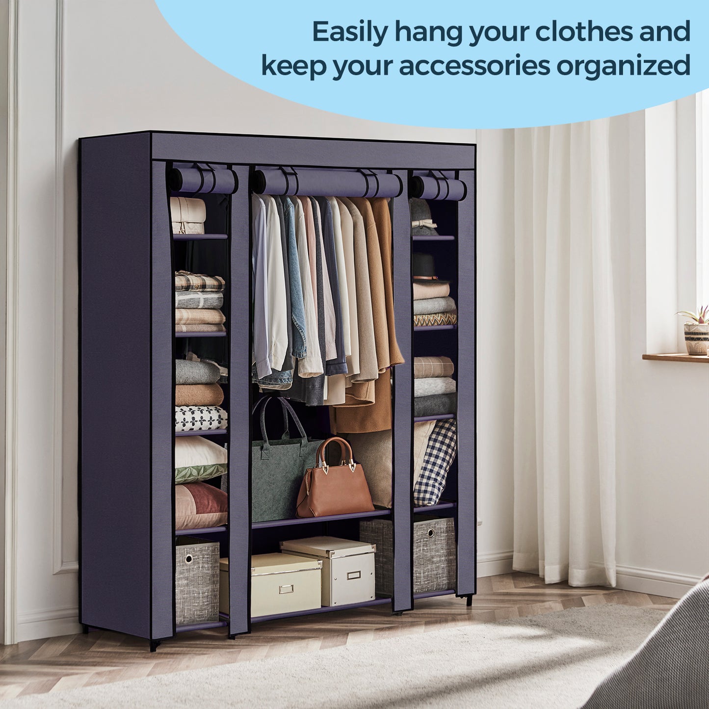 59-Inch Portable Closet, 12-Compartment Wardrobe with Zippered Cover & Hanging Rail, No-Tool Assembly Storage Organizer,Dark Blue