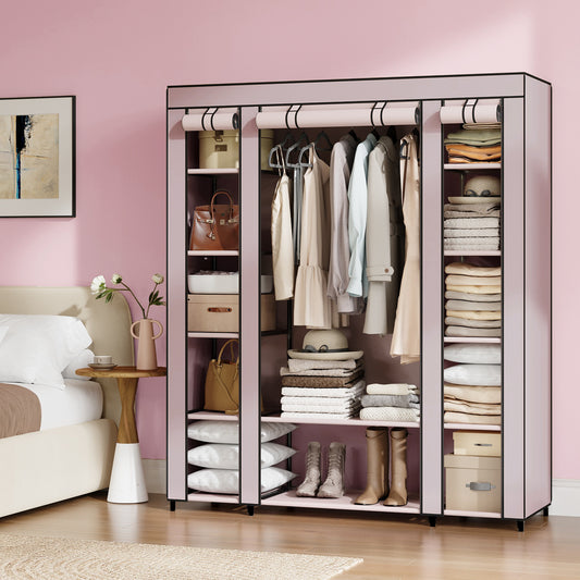 59-Inch Portable Closet, 12-Compartment Wardrobe with Zippered Cover & Hanging Rail, No-Tool Assembly Storage Organizer,Dusty Pink