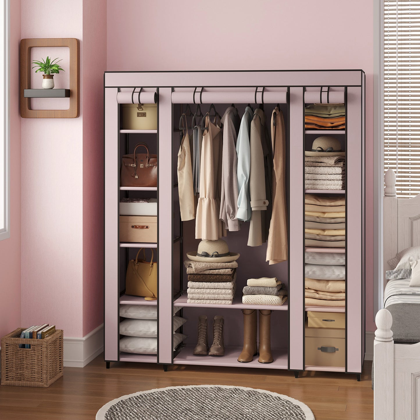 59-Inch Portable Closet, 12-Compartment Wardrobe with Zippered Cover & Hanging Rail, No-Tool Assembly Storage Organizer,Dusty Pink