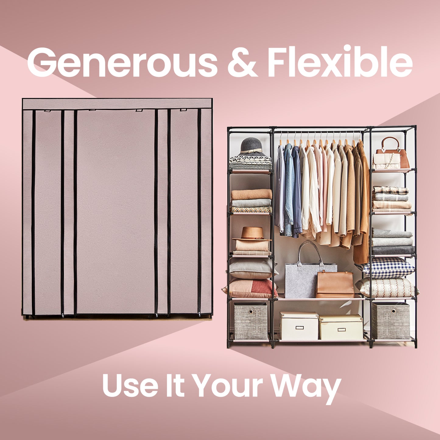 59-Inch Portable Closet, 12-Compartment Wardrobe with Zippered Cover & Hanging Rail, No-Tool Assembly Storage Organizer,Dusty Pink