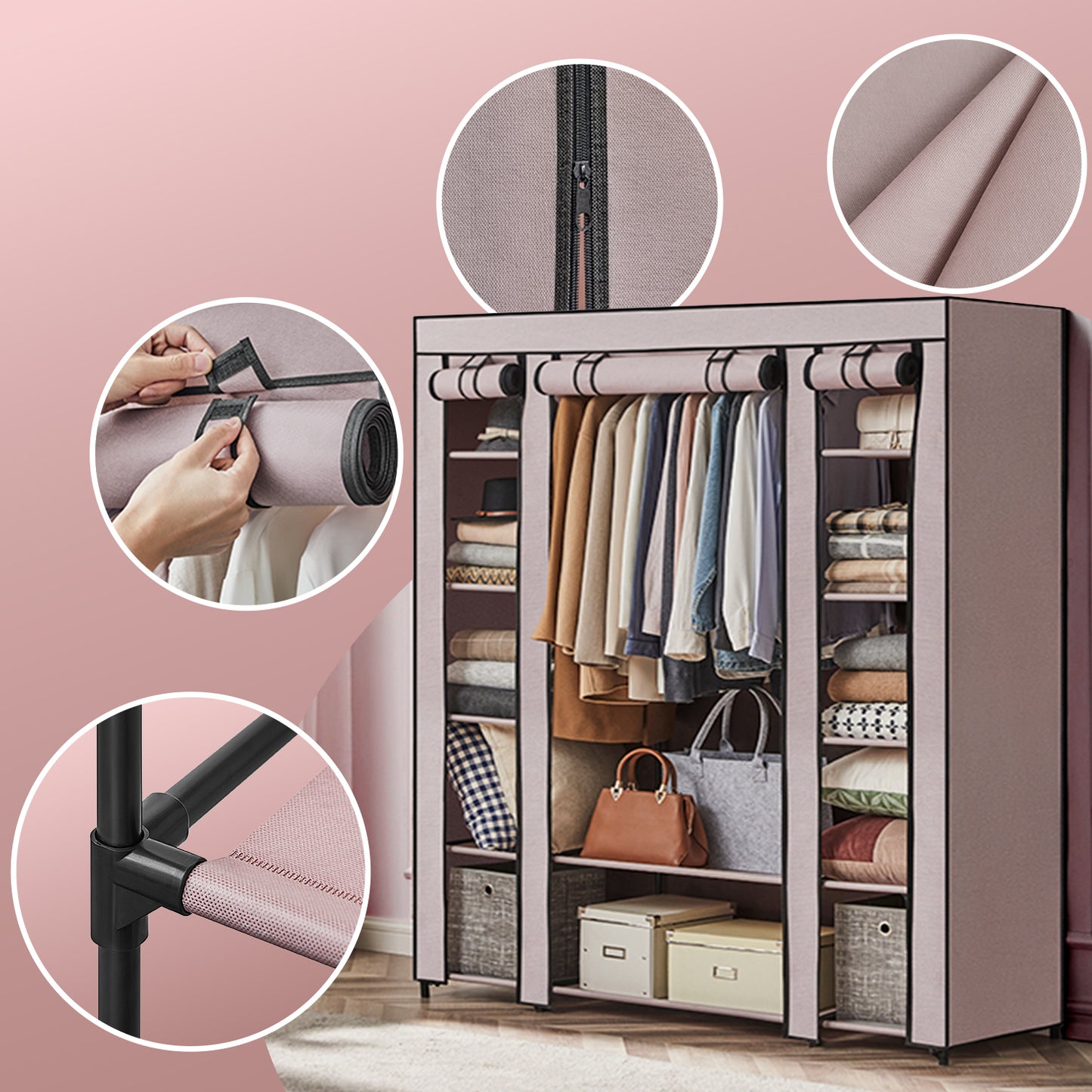 59-Inch Portable Closet, 12-Compartment Wardrobe with Zippered Cover & Hanging Rail, No-Tool Assembly Storage Organizer,Dusty Pink