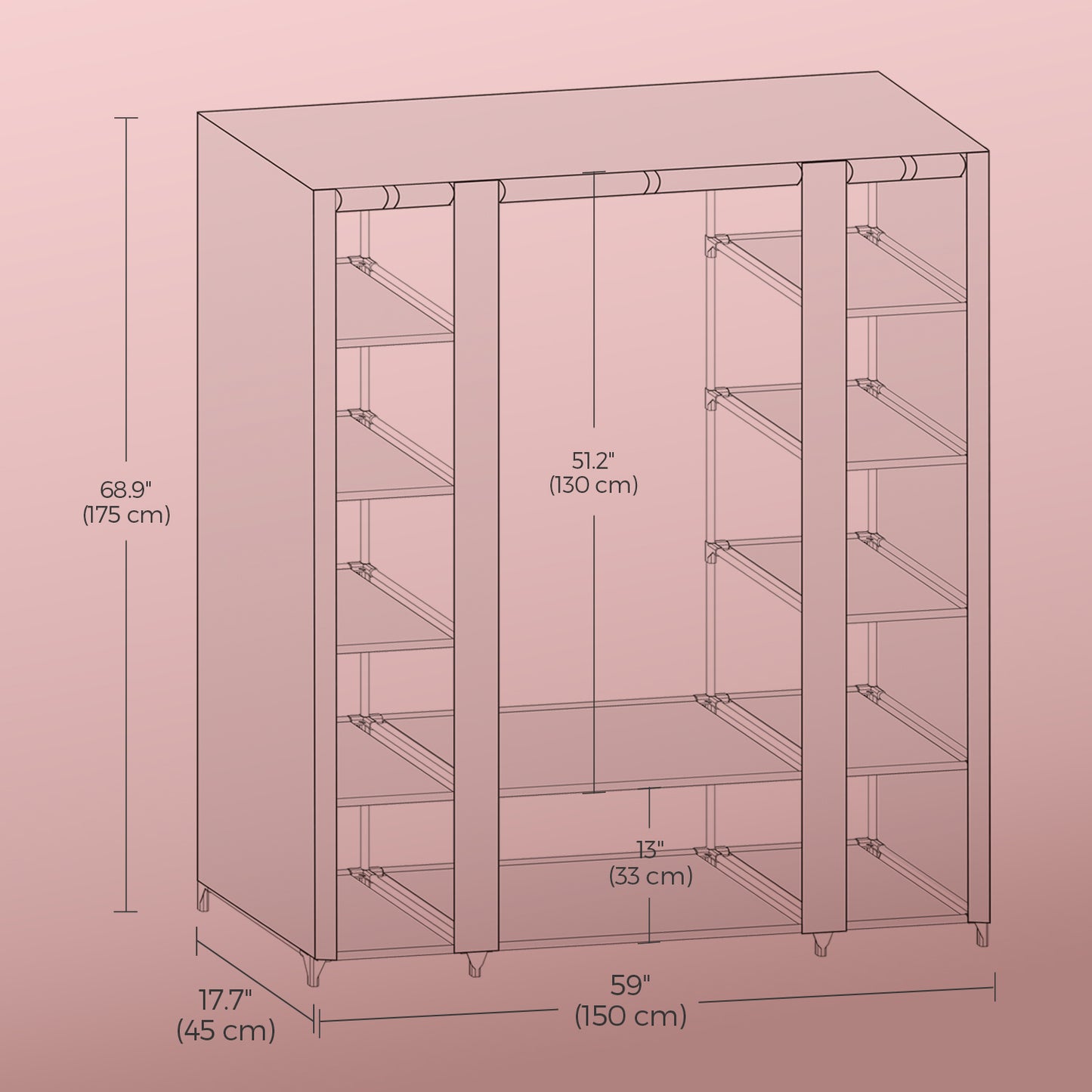 59-Inch Portable Closet, 12-Compartment Wardrobe with Zippered Cover & Hanging Rail, No-Tool Assembly Storage Organizer,Dusty Pink