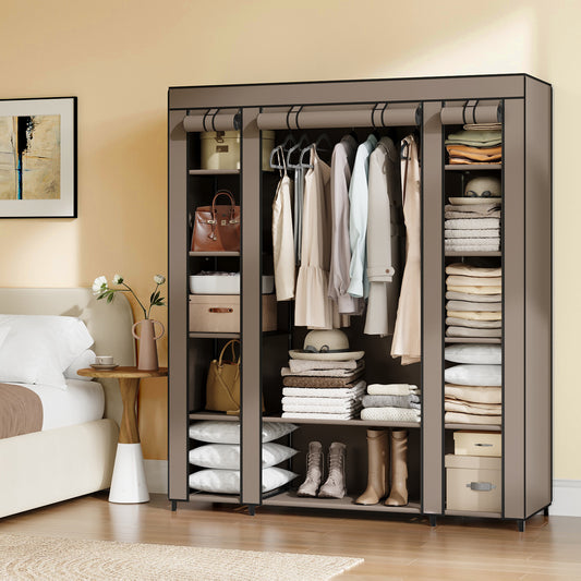 59-Inch Portable Closet, 12-Compartment Wardrobe with Zippered Cover & Hanging Rail, No-Tool Assembly Storage Organizer,Black