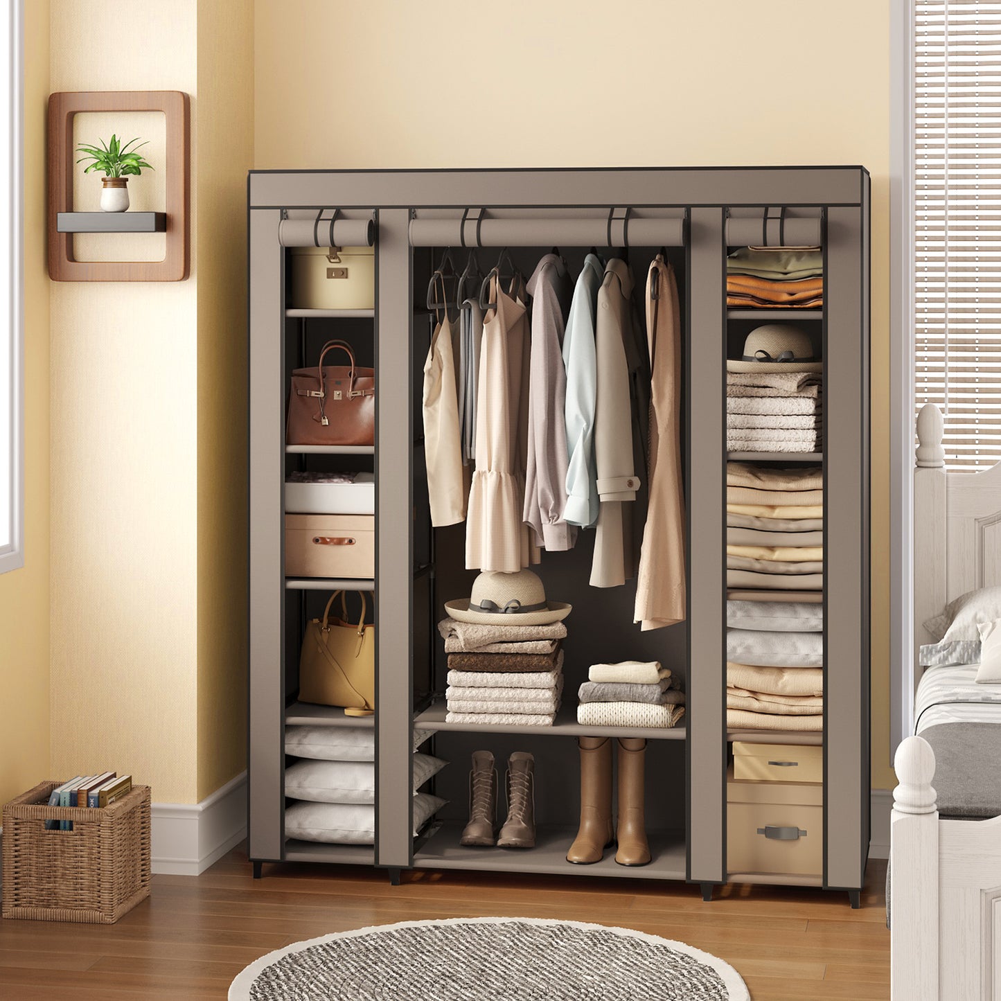 59-Inch Portable Closet, 12-Compartment Wardrobe with Zippered Cover & Hanging Rail, No-Tool Assembly Storage Organizer,Black