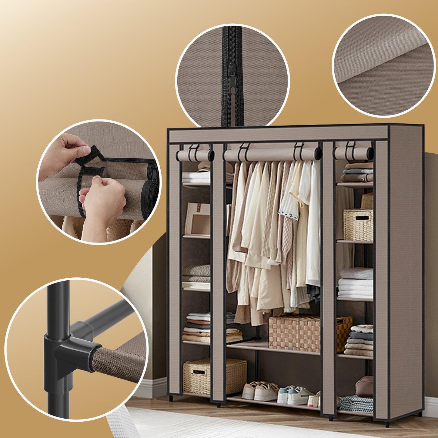 59-Inch Portable Closet, 12-Compartment Wardrobe with Zippered Cover & Hanging Rail, No-Tool Assembly Storage Organizer,Black
