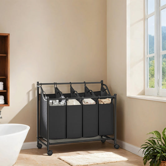 4-Bin Rolling Laundry Sorter, 37 Gallon Capacity with Removable Bags, Mobile Cart, Steel Frame, for Home Use, Ink Black