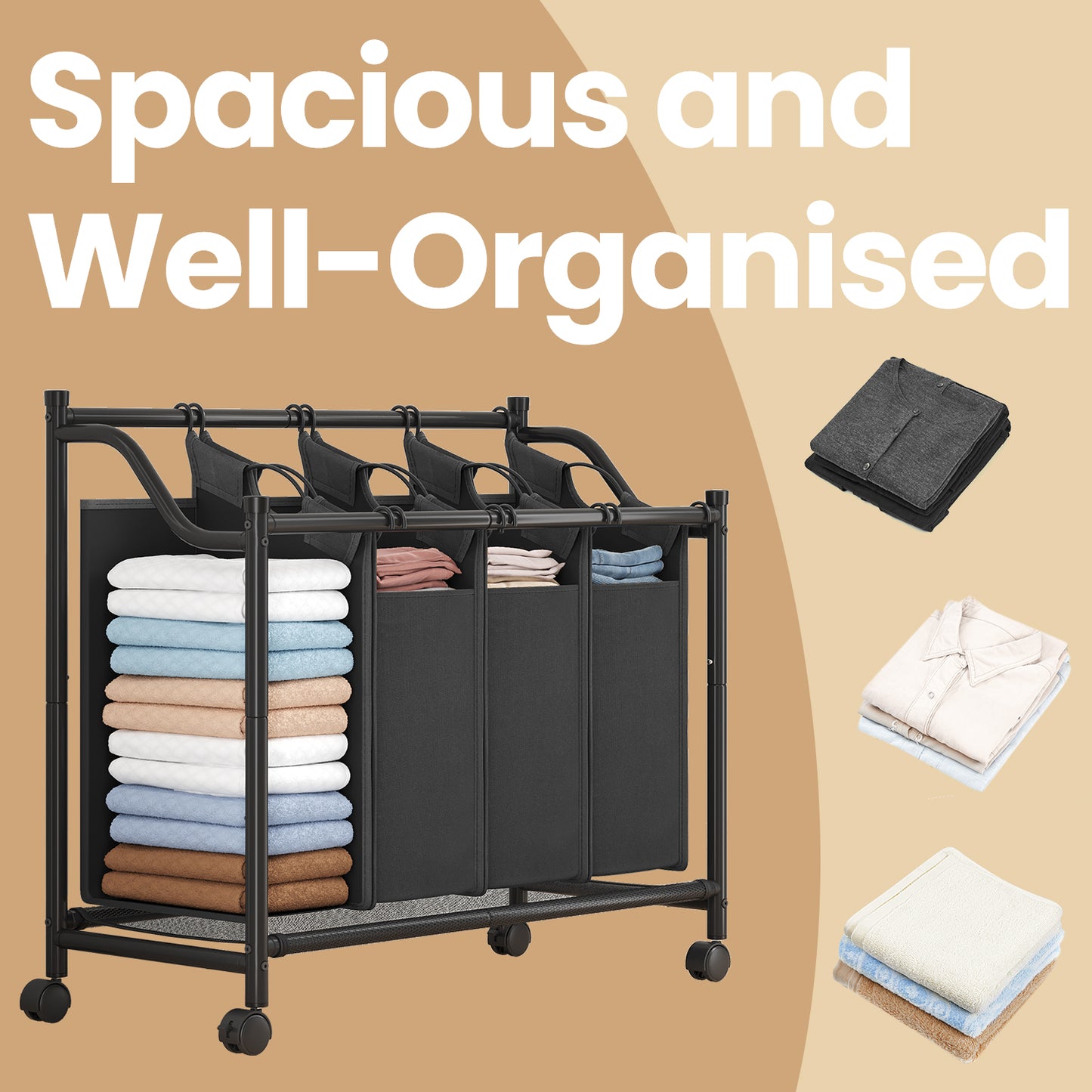 4-Bin Rolling Laundry Sorter, 37 Gallon Capacity with Removable Bags, Mobile Cart, Steel Frame, for Home Use, Ink Black