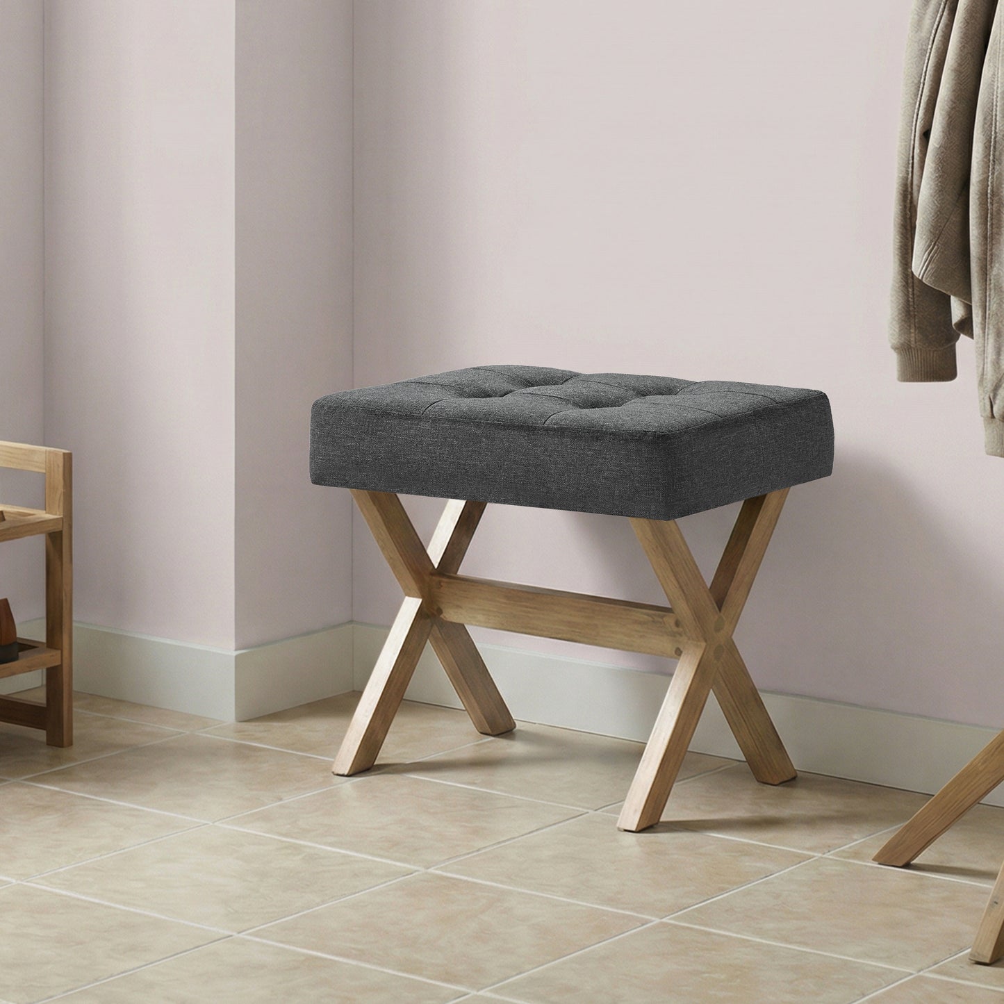 Makeup Stool with Solid Wood X-Legs, Padded Vanity Stool, Footrest for Bedroom, Entryway, 16.5 x 18.1 x 12.6 Inches, Slate Gray and Brown