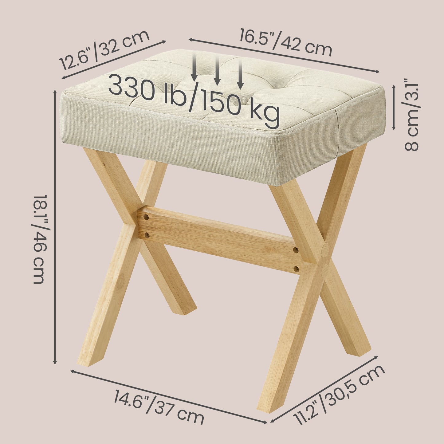Makeup Stool with Solid Wood X-Legs, Padded Vanity Stool, Footrest for Bedroom, Entryway, 16.5 x 18.1 x 12.6 Inches, Summer Sand and Natural Beige