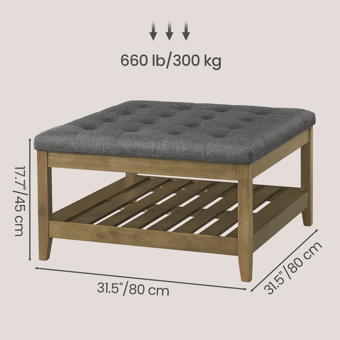 Square Storage Ottoman Coffee Table with Solid Wood Frame, Tufted Upholstered Footrest with Bottom Shelf, for Living Room, 31.5 x 17.7 x 31.5 Inches, Slate Gray