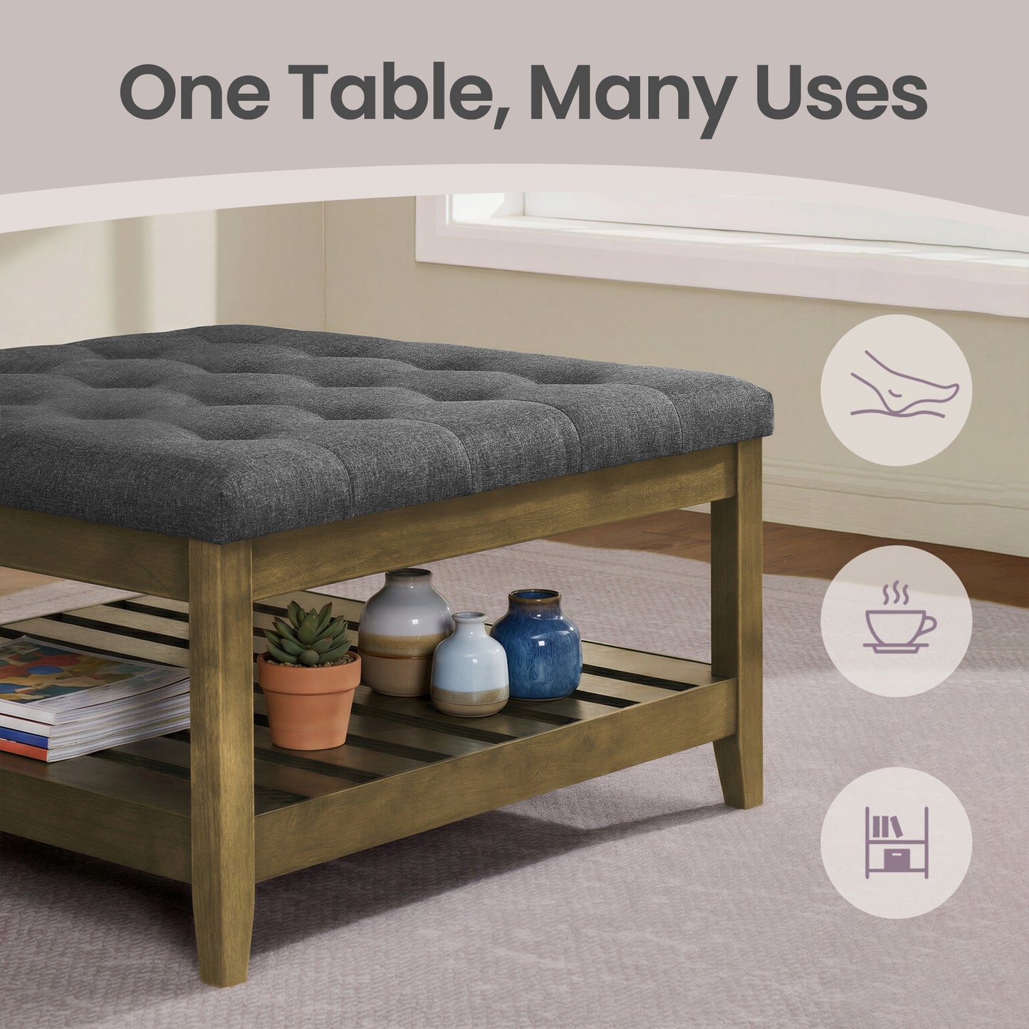 Square Storage Ottoman Coffee Table with Solid Wood Frame, Tufted Upholstered Footrest with Bottom Shelf, for Living Room, 31.5 x 17.7 x 31.5 Inches, Slate Gray