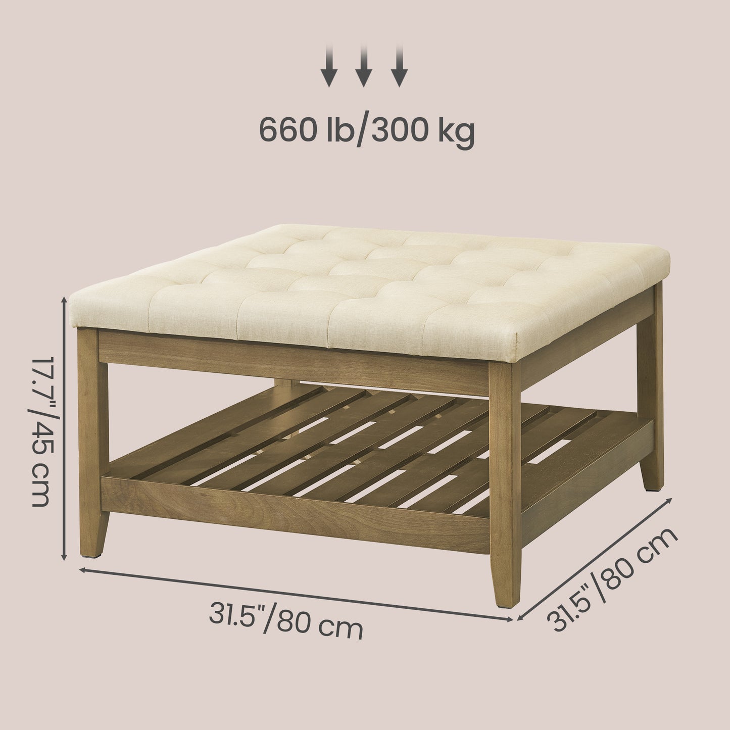 Square Storage Ottoman Coffee Table with Solid Wood Frame, Tufted Upholstered Footrest with Bottom Shelf, for Living Room, 31.5 x 17.7 x 31.5 Inches, Summer Sand